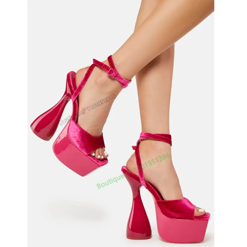 Pink Glass Heel Velvet Sandals Ankle Buckle Strange Style Heel High Heel Shoes for Women Shoes on Heels 2023 Zapatos Para Mujere