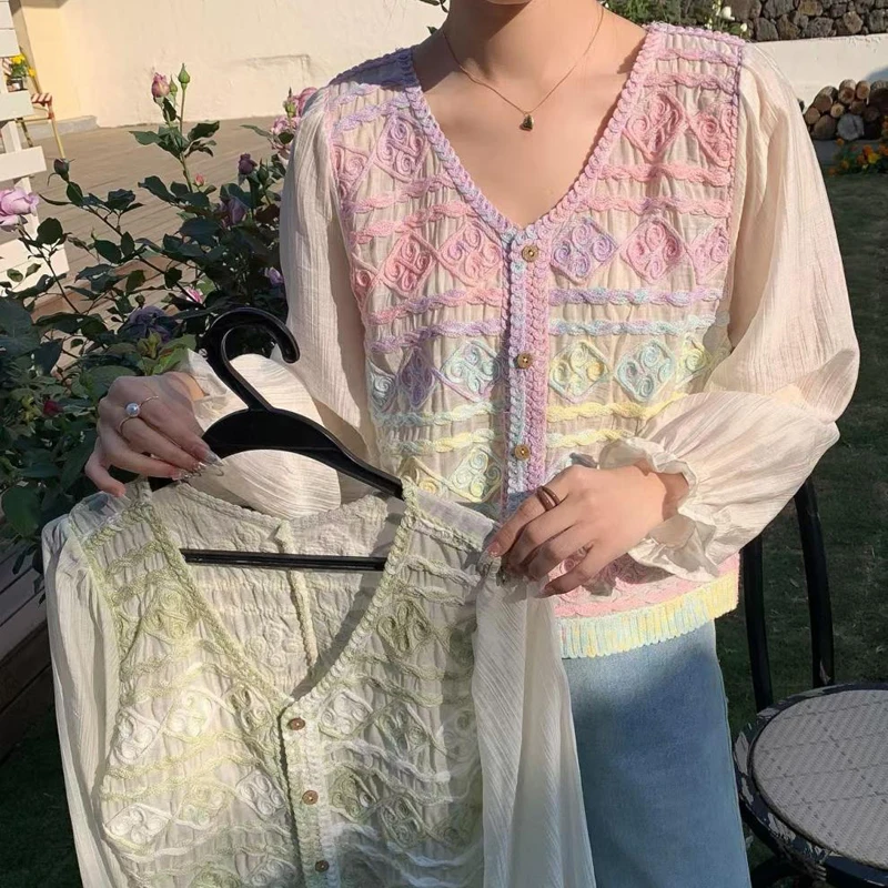 Boring Honey Gradient Hollow Knit Cardigan Jacket Wear Chic T-Shirts Women Early Spring Fashion Versatile Long-Sleeved Tops
