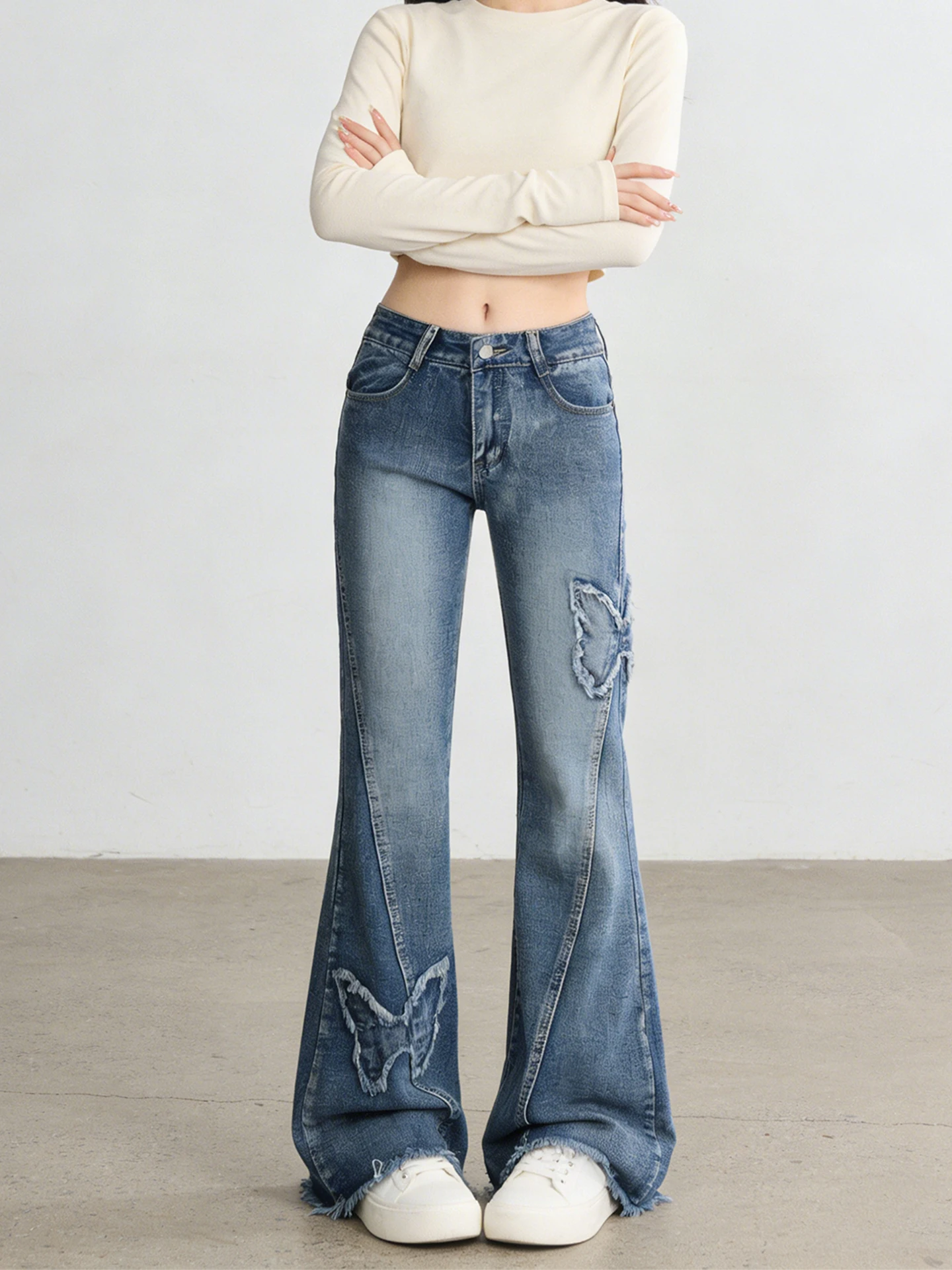 

Spring 2026 High Waist Wide Leg Micro Flared Denim Jeans Women's Embroidered Frayed Bell Bot Casual Cotton Blend Jeans