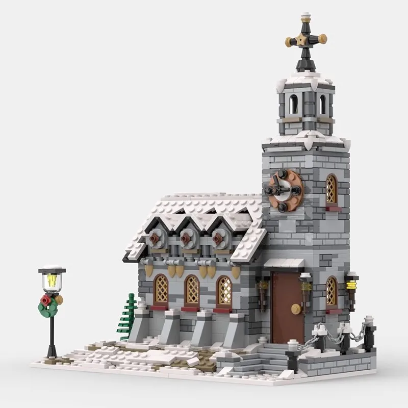 MOC Kerst Winter Kapel Plezier Sstreet View Model Bouwstenen Educatief Gebouw Speelgoed Creatieve Kerstcadeaus Kinderspeelgoed