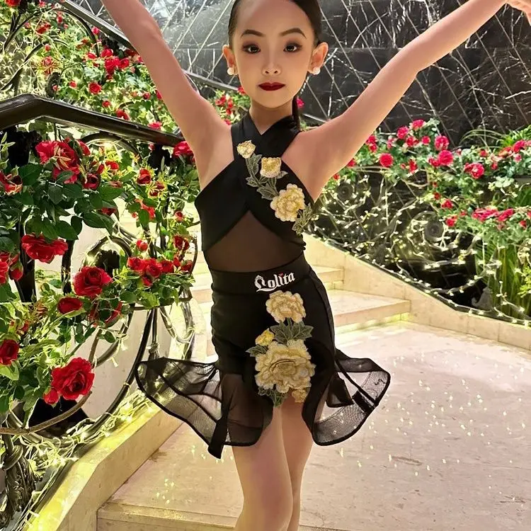 Vestido de baile latino para mujer, ropa de escenario para niña y niño, ropa de baile, Conjunto dividido, camisa de baile, Mini vestido para niña Latina