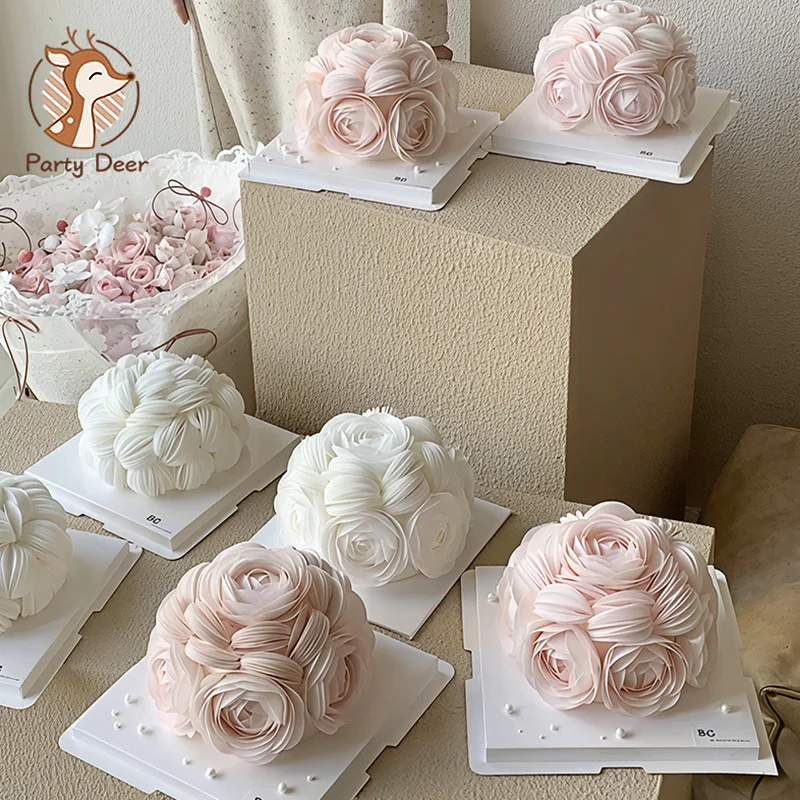 Pink Rose Ball Wafer Paper Round Plate with Cutter for Cake Decoration Mother's Day Gift LOVE Theme Popular Kitchen & Dining Acc