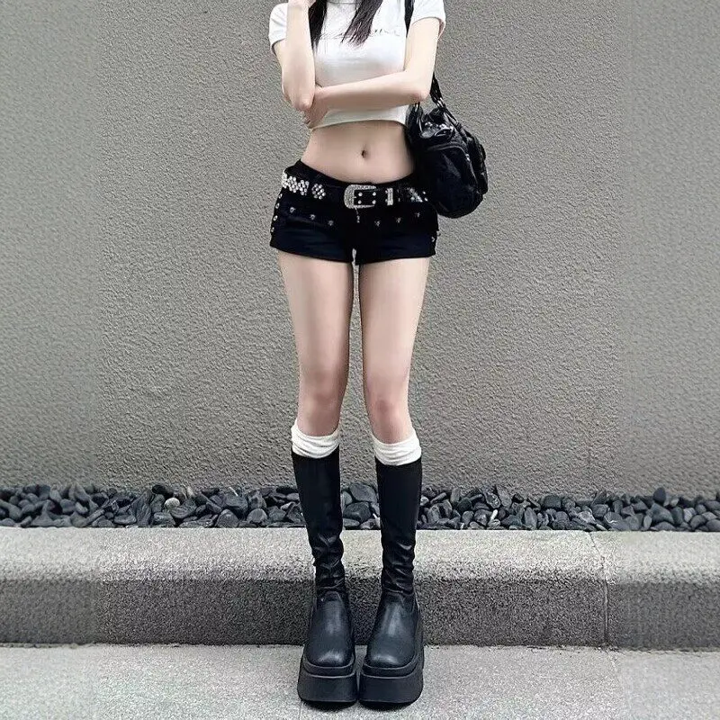 

Sexy American Girl Y2K Black Super Short Shorts Women's Summer Rivet Design Slimming Tight Low Waist Straight Leg Cotton Shorts