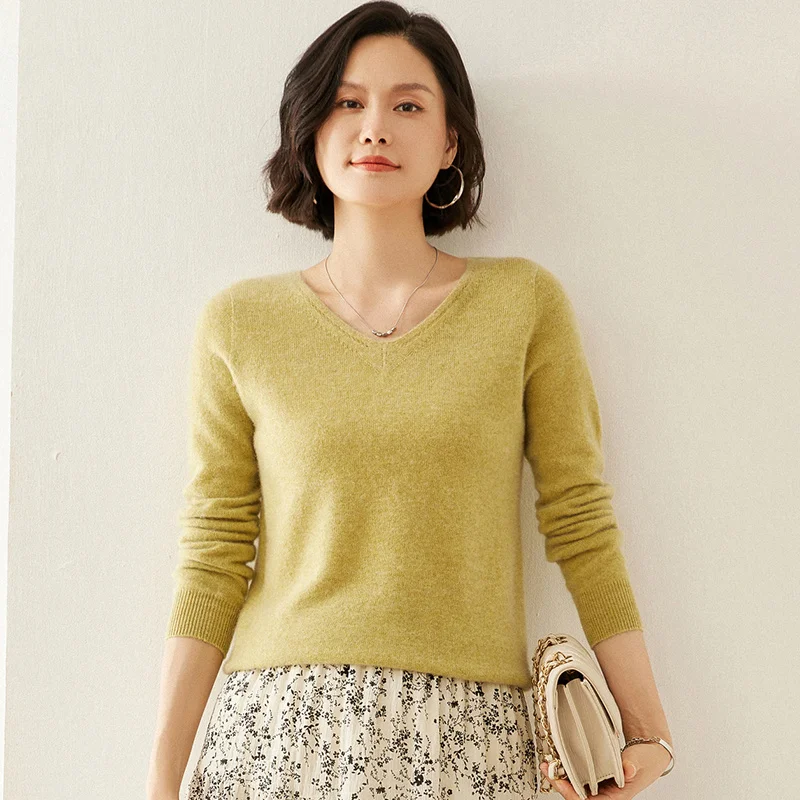 

100% merino cashmere women's knitted sweater, casual, V-neck, slim fit, basic style, 2024 autumn and winter new style