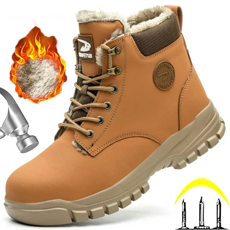 

Защитная обувь 2025 года, мужские непромокаемые плюшевые теплые зимние ботинки, обувь со стальным носком, рабочие ботинки, неразрушимая обувь, устойчивые к проколам ботинки