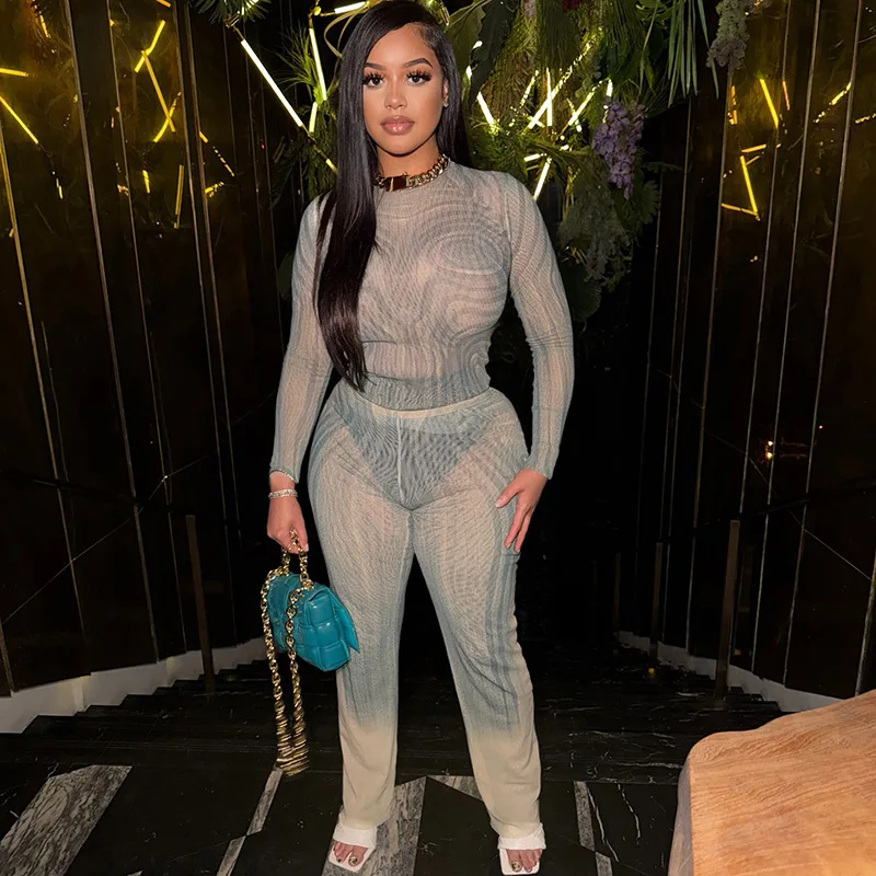 

Women Sexy 3D Print See Through Mesh 2 Piece Set O-neck Long Sleeve T-shirts Tops + Slim Flare Pants Clubwear Suits Cover Ups