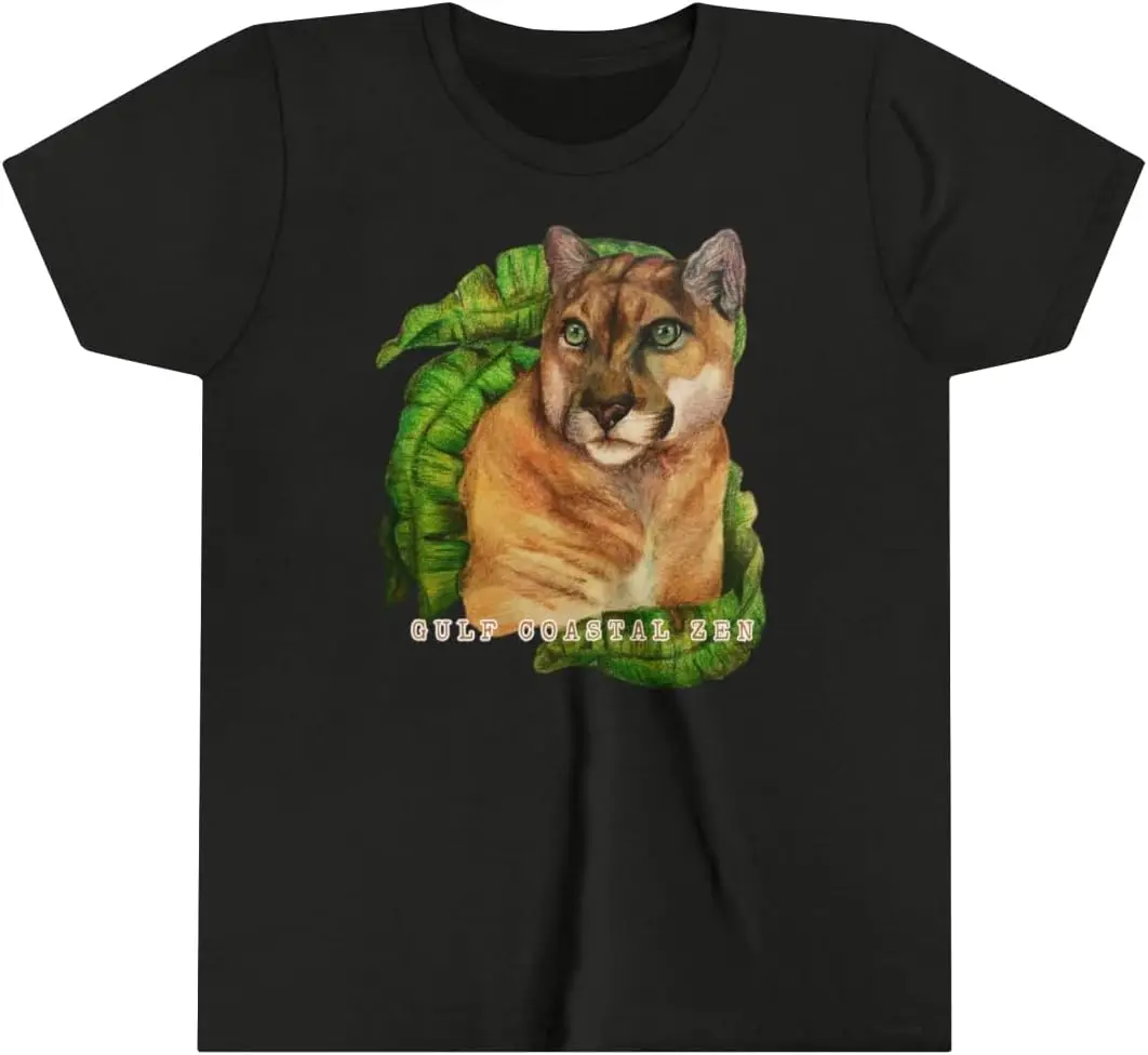 Florida Panther Tropical Leaves Gulf Coastal Zen Ocean Beach Youth Kids Short Sleeve T-Shirt Black Heather XL