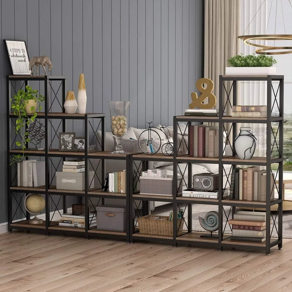 Industrial Style 12-Tier Ladder Bookshelf with 9 Cubes for Corner Display and Rustic 5-Tier Shelving