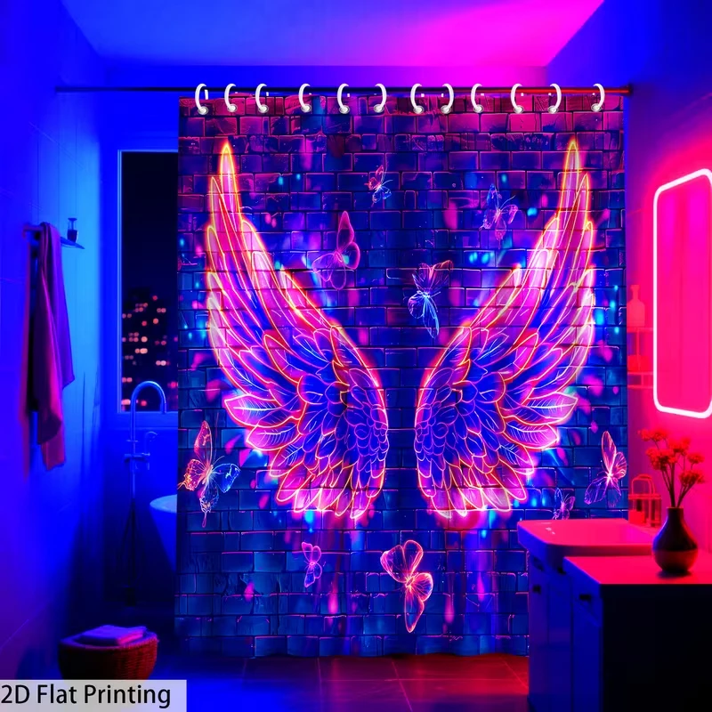 VIKAMA Neon Angel Wings Shower Curtain, Bathroom Waterproof and Mold-Resistant Curtain, Decorative Shower Room Decoration