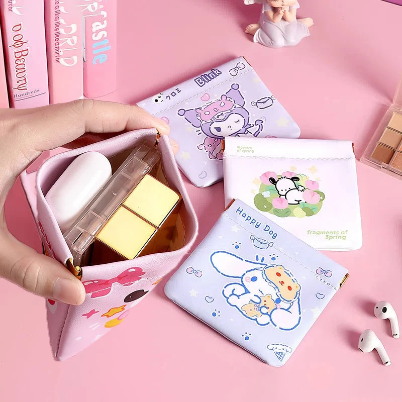 Sanrio Cinnamoroll Kuromi kawaii PU Leather coin purse Automatic Closed Cosmetic Bag Headphone Lipstick Perfume Storage Pouch