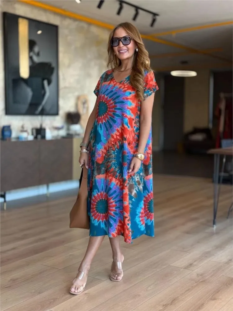فستان نسائي صيفي بنمط عرقي أنيق بأكمام قصيرة مطبوع أنيق فستان فضفاض غير رسمي فساتين حفلات المكتب والعطلات