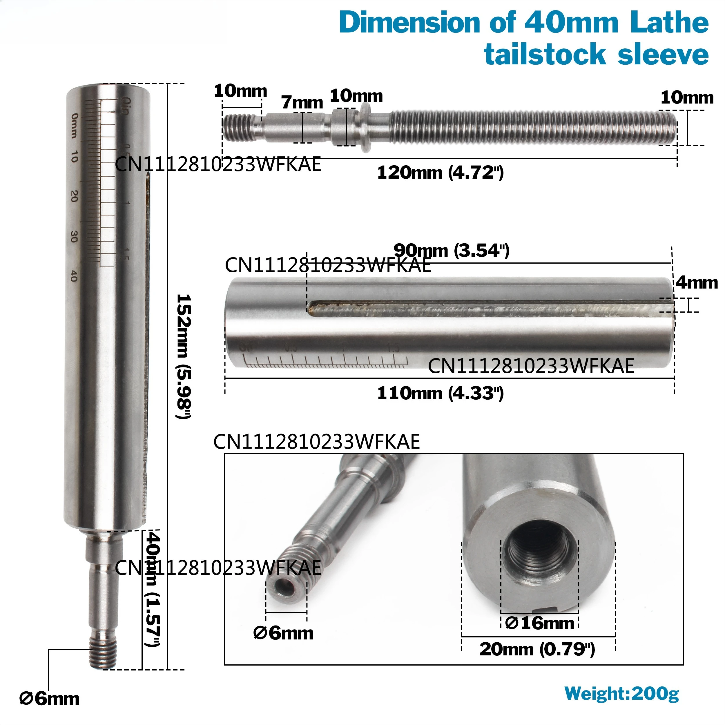 Lathe Accessories MT2 Tailstock Sleeve with Lead Screw, suitable for WM-210V / MX-210V / CD-210 or CJ 0618 lathes