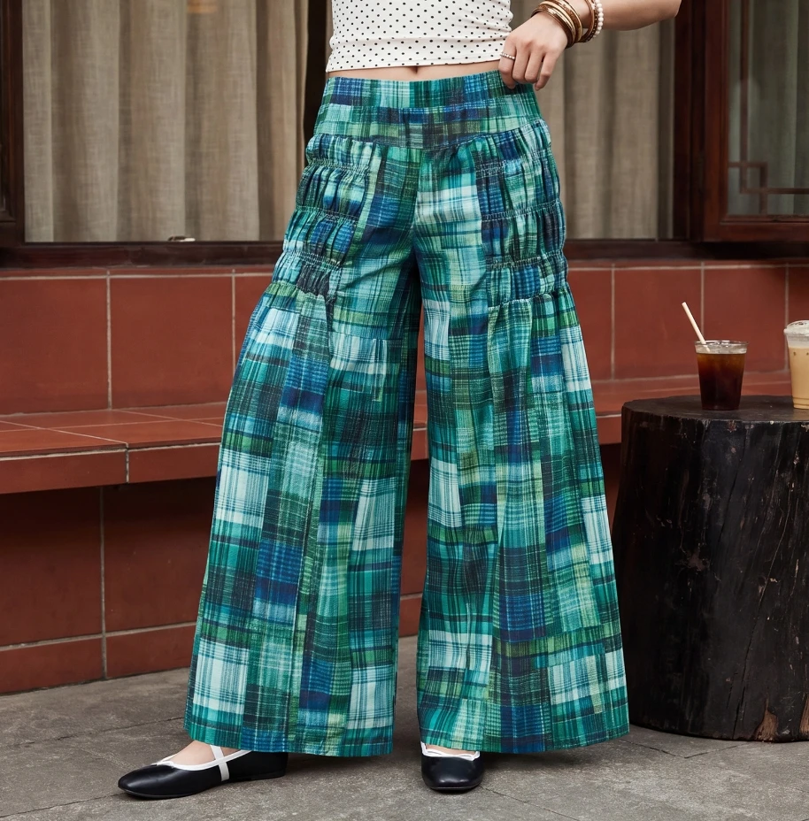 Harajuku Plaid Pants Women Oversize Wide Leg Trousers Womens Fall Plaid Pants Casual Loose Fit Elastic Rise Wide Leg Trousers