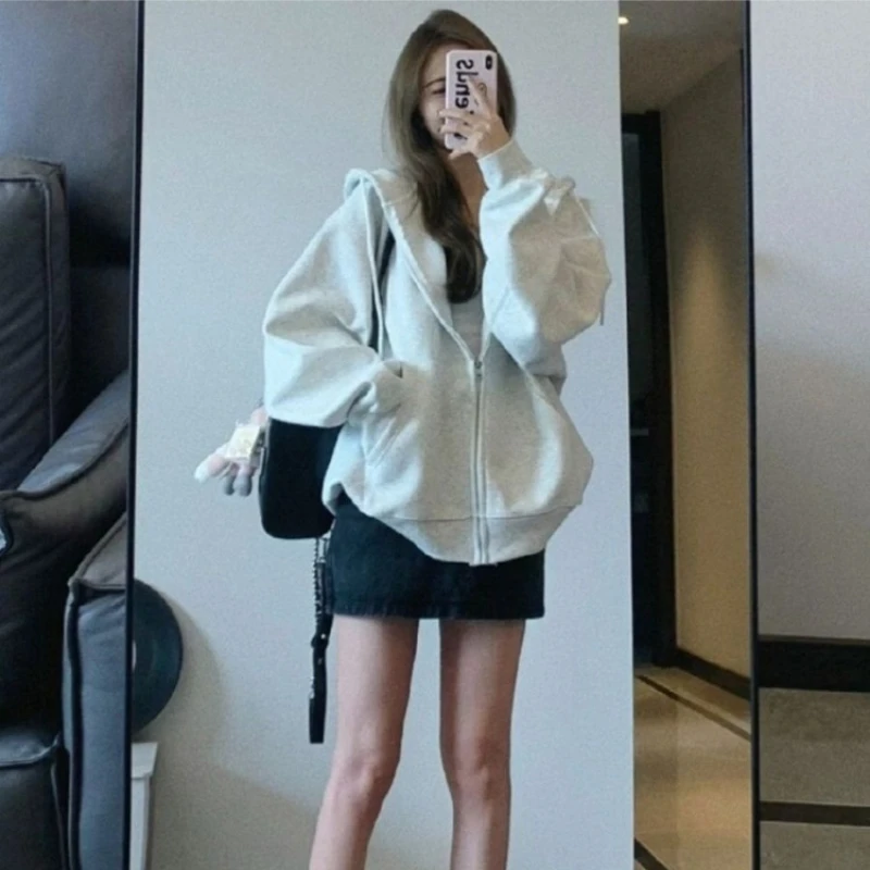 2026 New American Retro Grey White Oversized Hooded Sweatshirt Women Spring Autumn Thin Loose Lazy Cardigan