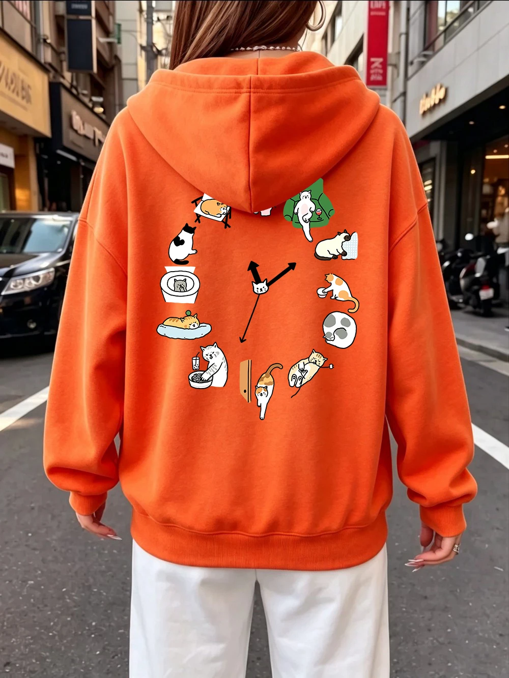 Cute Cat Alarm Clock Printed Hoodie Women Street Pocket Pullovers Winter Fleece Warm Sweatshirt Hip Hop Loose Womans Clothes