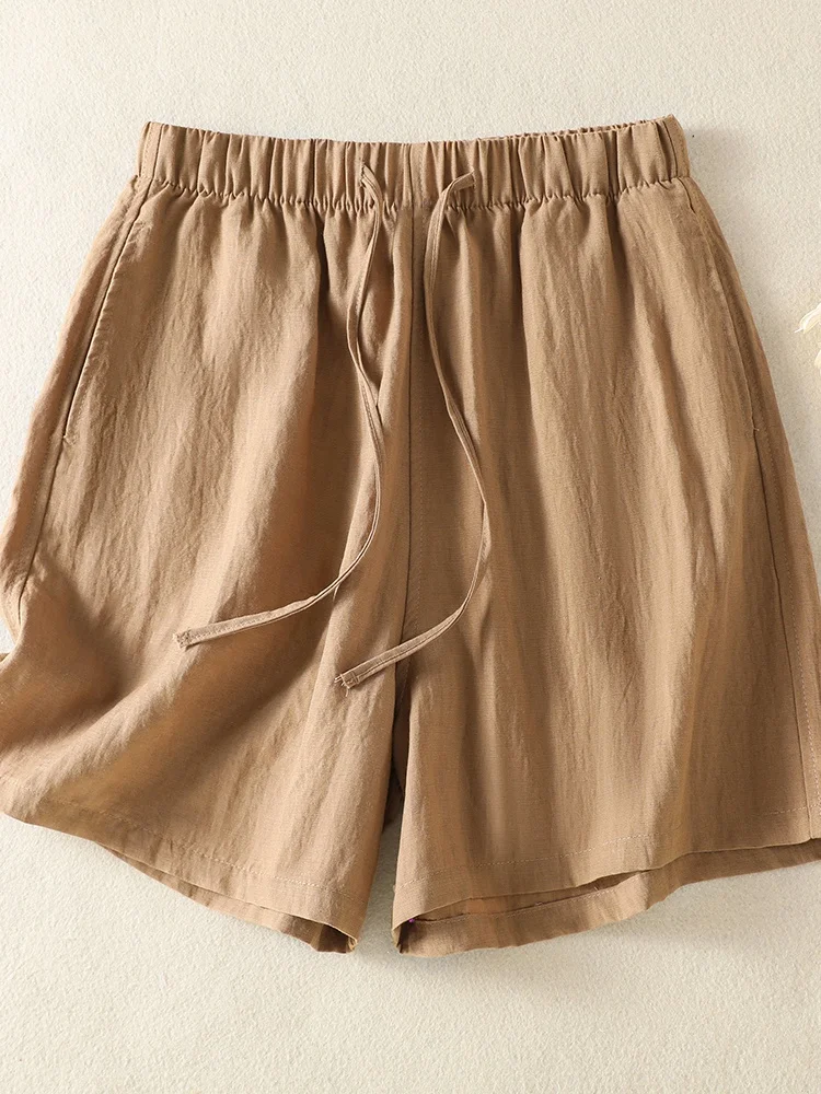 

Women's Cotton Linen Short Pants Summer Thin Loose Wide Leg Casual Pants Elastic Waist Drawstring Five-Point Pants