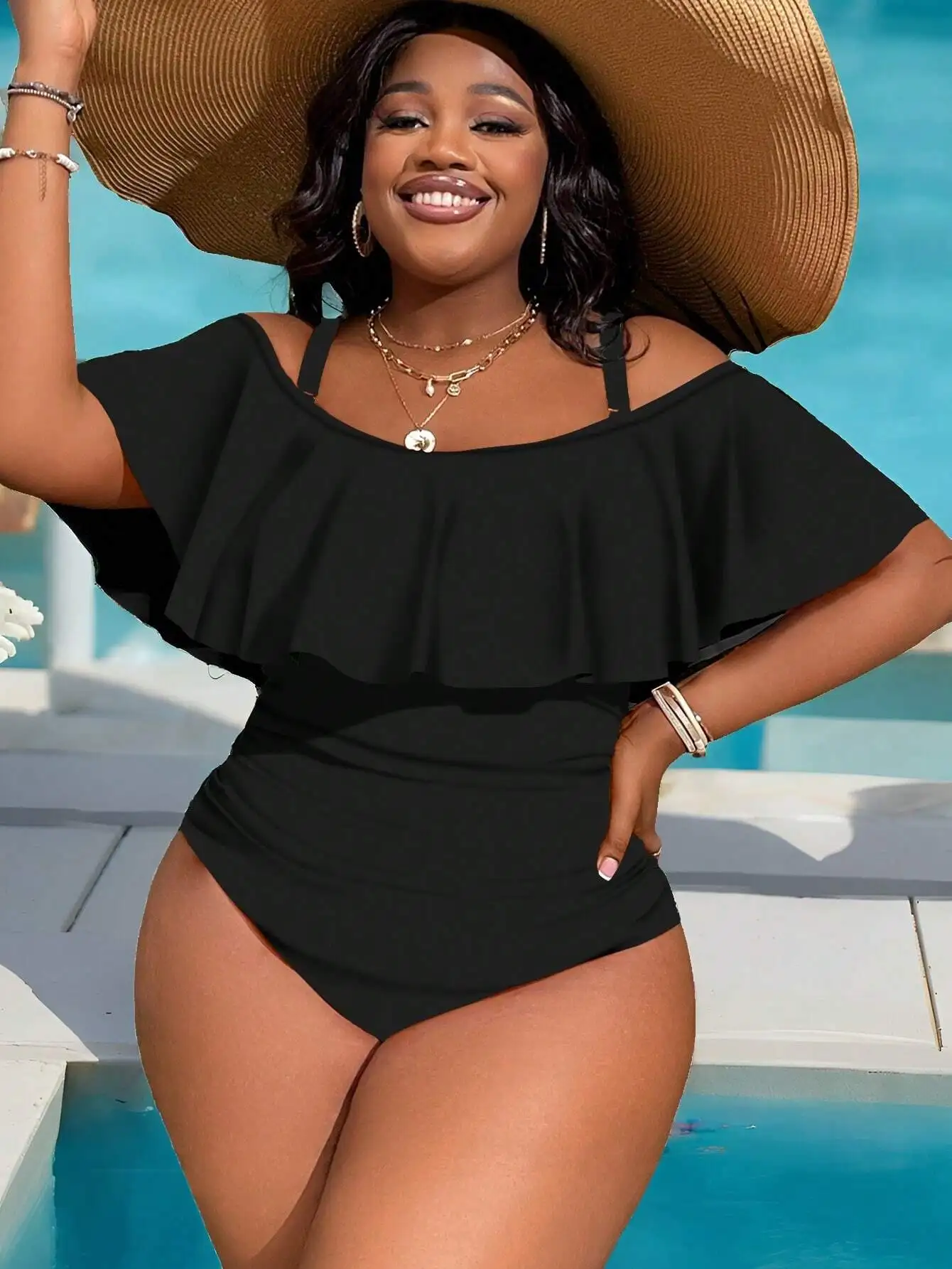 Plus Size Off-Shoulder One-Piece Swimsuit With Ruffled Top And Side Smoothing Ruching For Summer Poolside Style