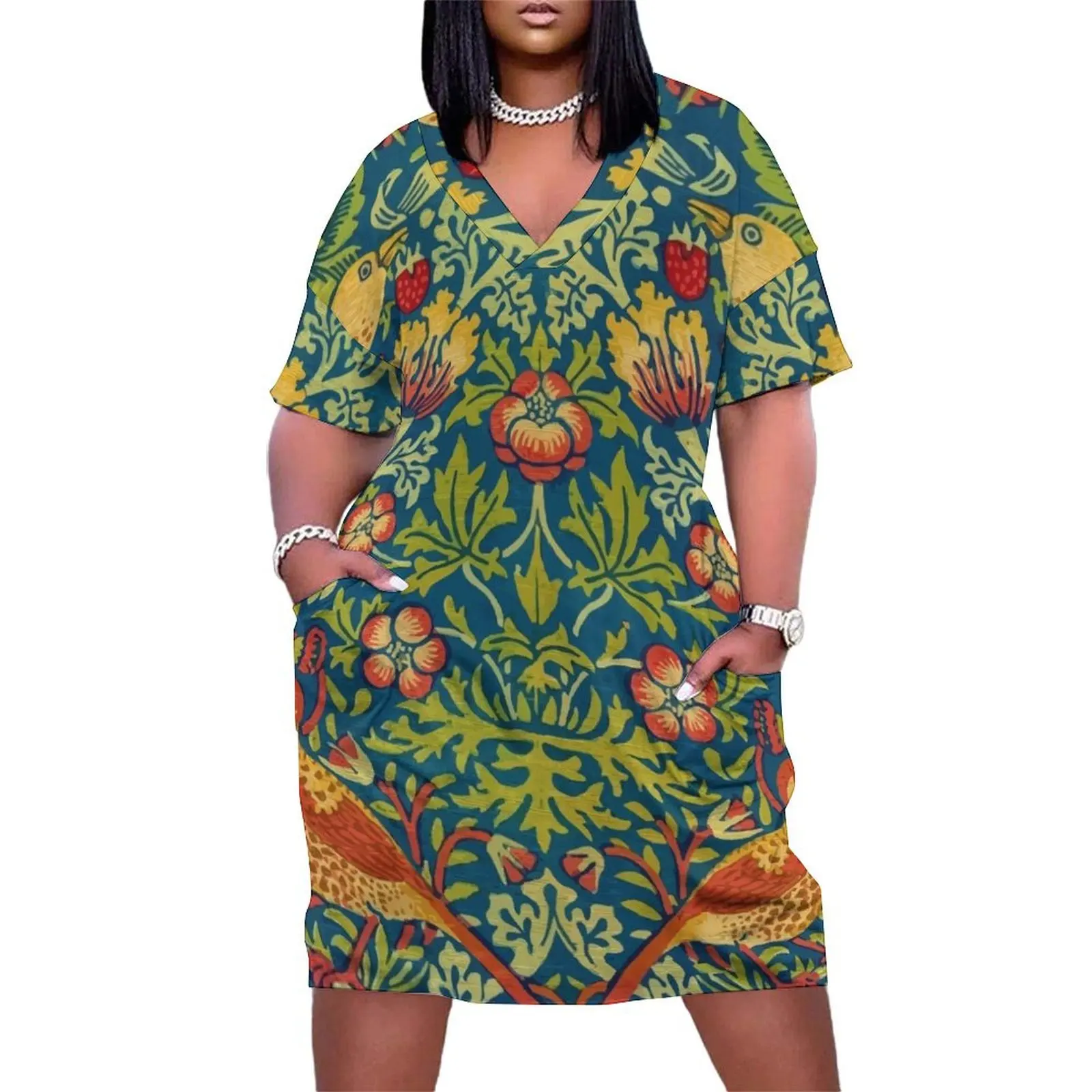 

William Morris Victorian Arts and Crafts Movement Designer Strawberry Thief Loose Pocket Dress clothing women summer 2025