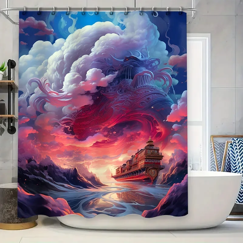 

Занавеска для душа с фантазийным кораблем, разноцветные облака, волны, декор для ванной комнаты для украшения дома, размер 72x96 дюймов (183 см x 244 см)