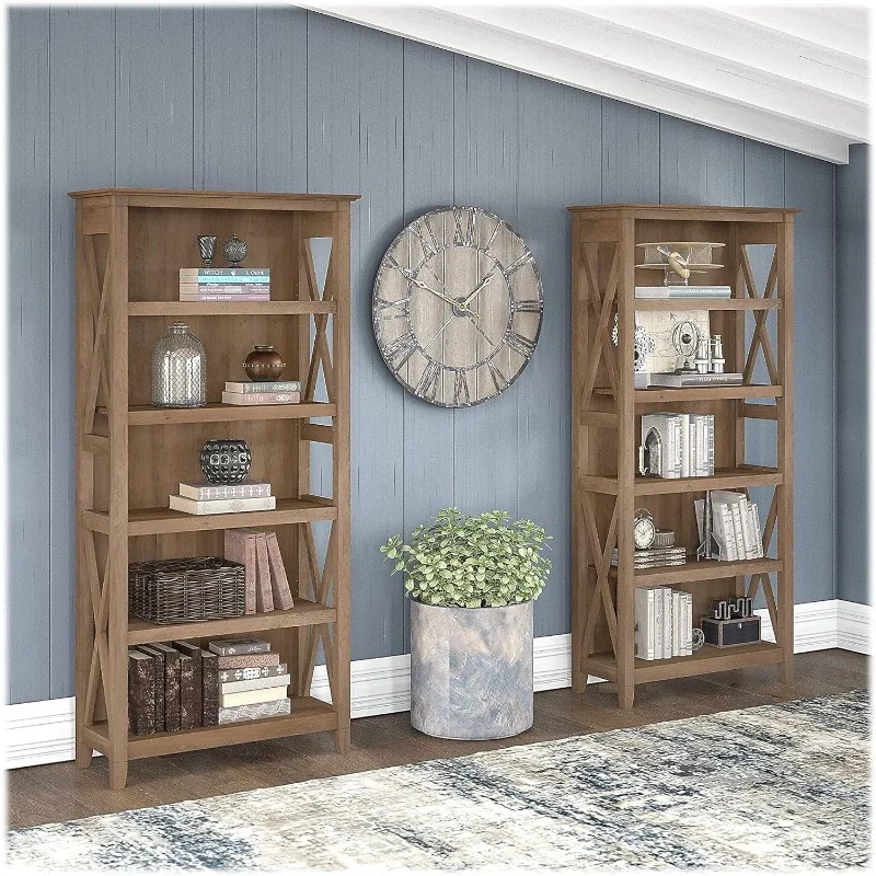 

5 Shelf Bookcase - Set of 2 Tall Bookshelves in Reclaimed Pine Sturdy Display Shelves for Library, Living Room, and Home Office