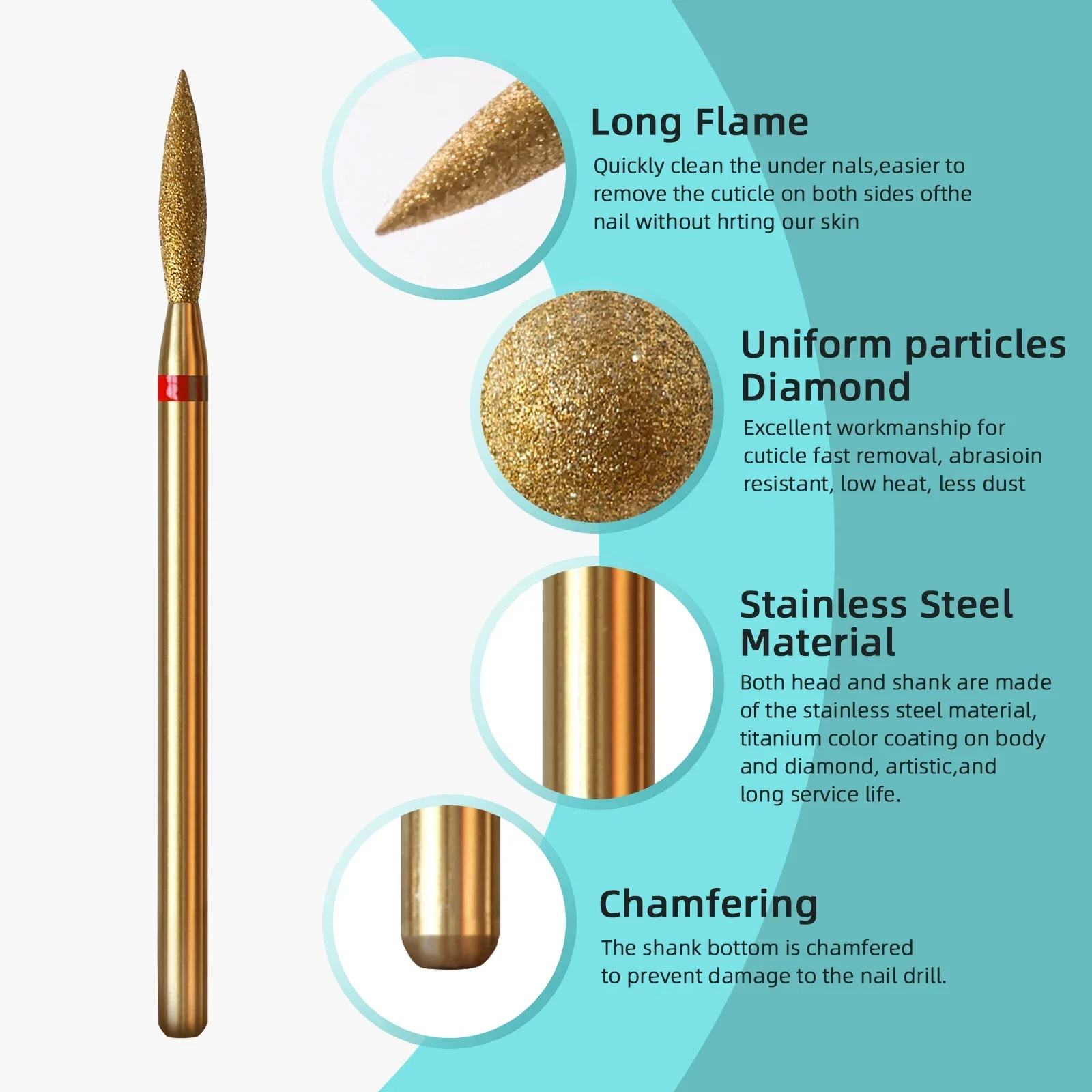 2mm Long Flame Cuticle Clean Nail Drill Bit, Titanium Russian Diamond Nail Bits Dead Skin Nail Cleaner Accessories Tool