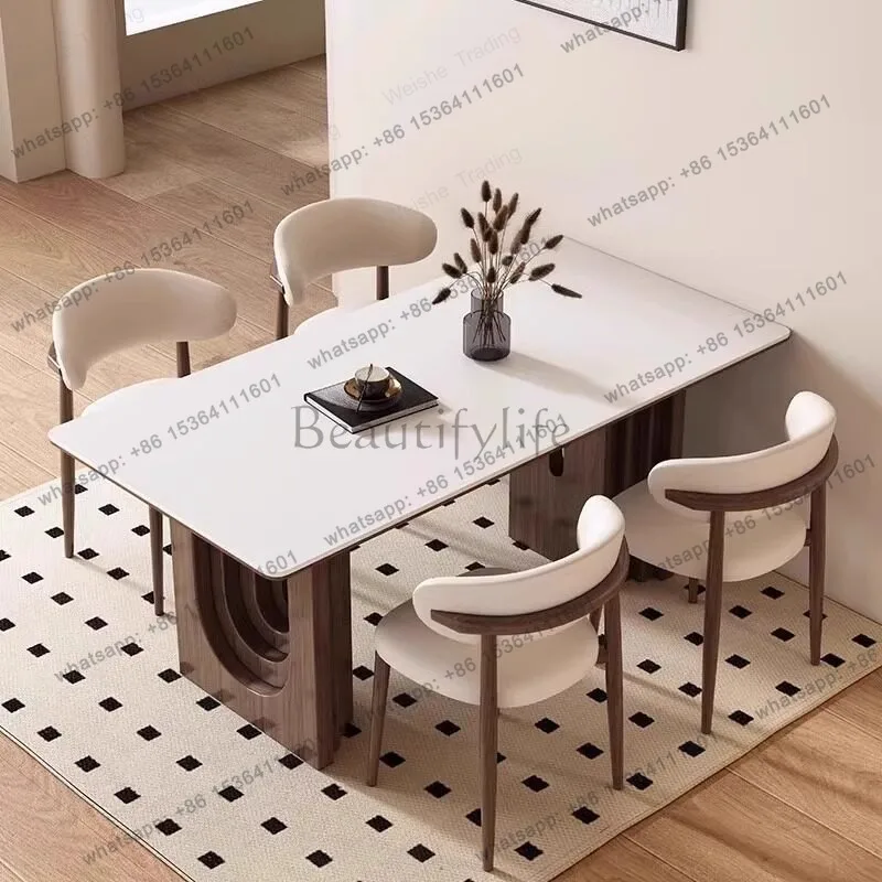 Medieval wabi-sabi wind rock slab dining table, French retro rectangular small apartment solid wood dining table