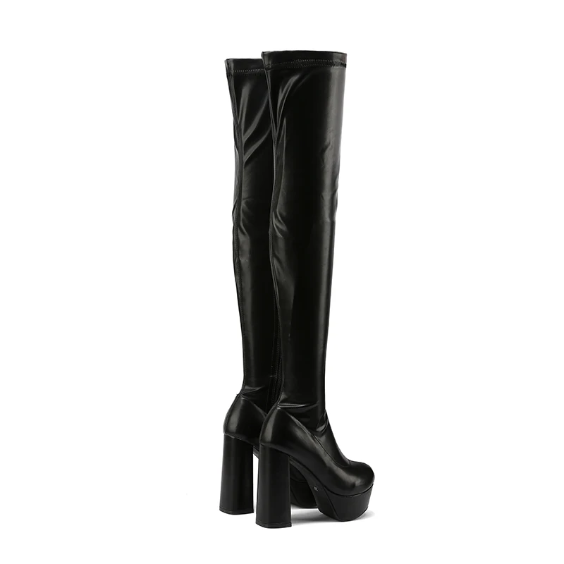 Platform Thigh High Boots For Women Elastic Leather Party Shoes Lady Block Heels Over the Knee Boots Black Winter Long Shoes