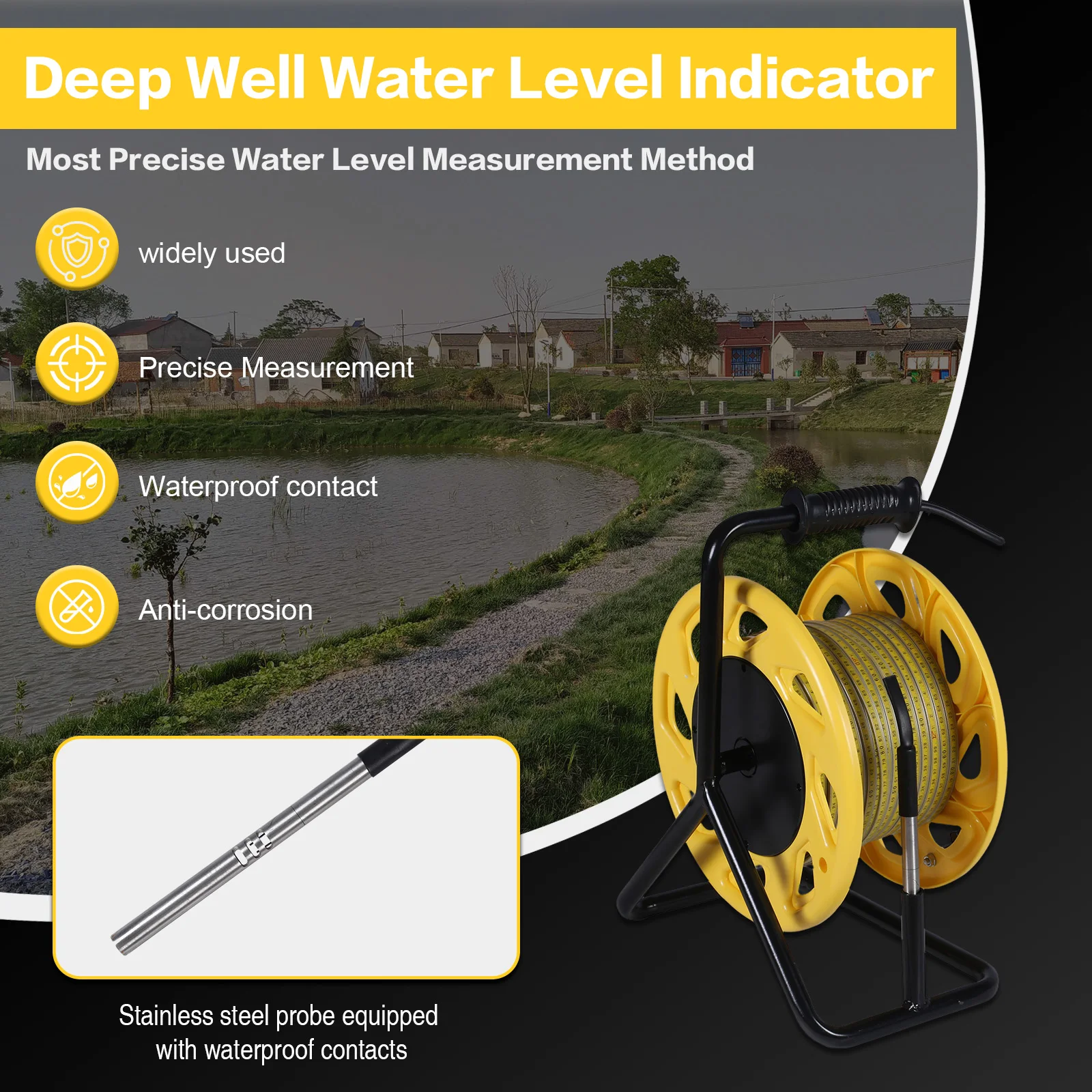 

50m Underground Water Level Meter with Fixed Probe and Steel Tape Portable Water Well Level Gauge for Wells Boreholes Reservoirs