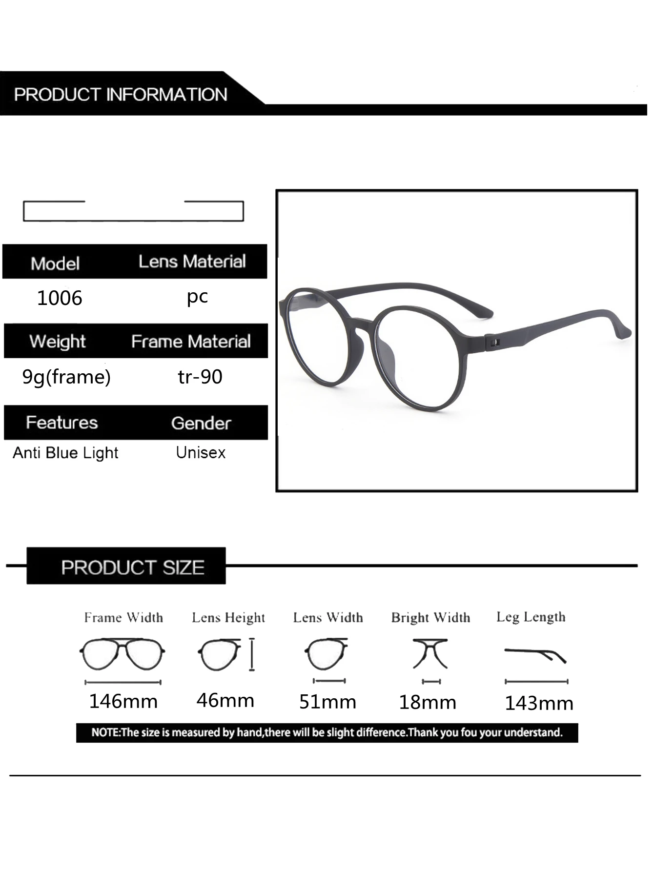 Ultraleichte Mode Flexible Keine Schrauben TR90 Brillen Große Größe Retro Runde Optische Anti Blaues Licht Männer Frauen Brillen Rahmen 66016 – Detail 7