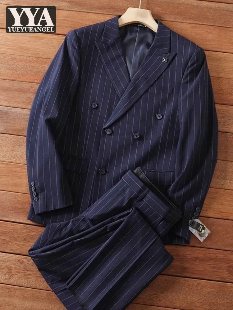 Fashion Business Casual Mens Two Piece Set Classic Double Breasted Blazers Jacket Straight Pants Office Men Striped Suits Set