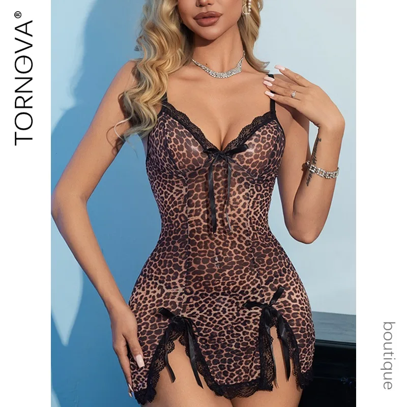 

Tornova Elegant Sleeping Skirt Leopard Print Bow Knot Decor Gather Together Slim Plunge Interesting Premium Intimate Pajamas