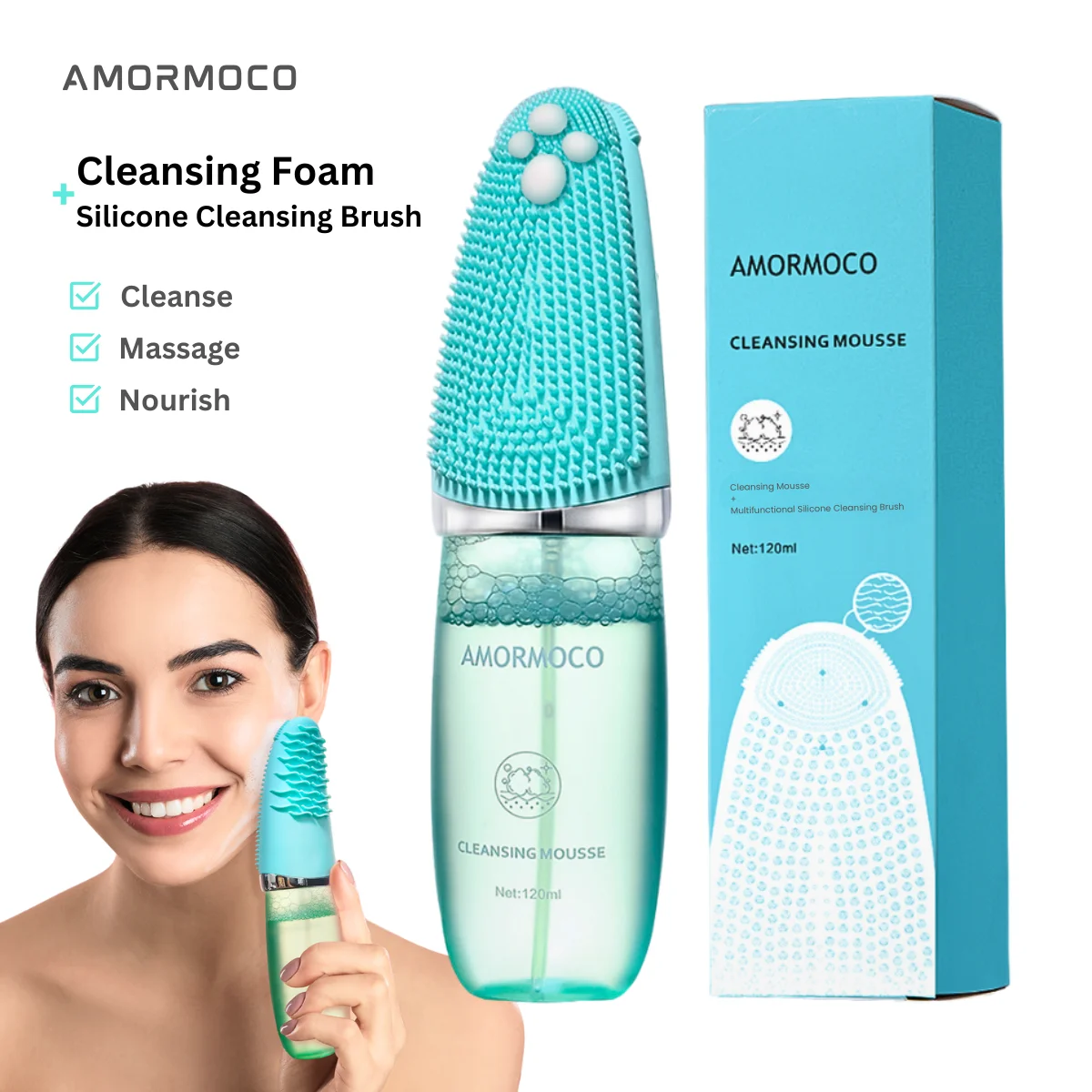 فرشاة ومنظف سيليكون 2 في 1 من AMORMOCO |   منظف مسام الوجه الطبيعي |   رغوة التنظيف العميق |   تقشير لطيف، توهج سبا