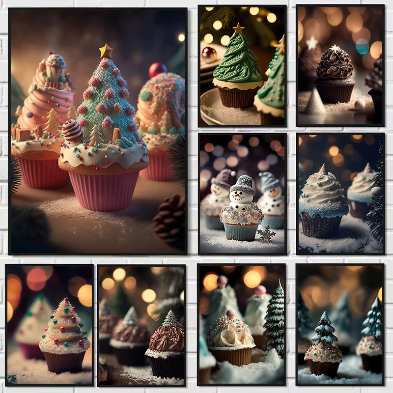 Cupcakes navideños bonitos, deliciosos vacaciones, postre, comida, póster, impresiones, pintura en lienzo, imágenes artísticas de pared, decoración del hogar y la cocina