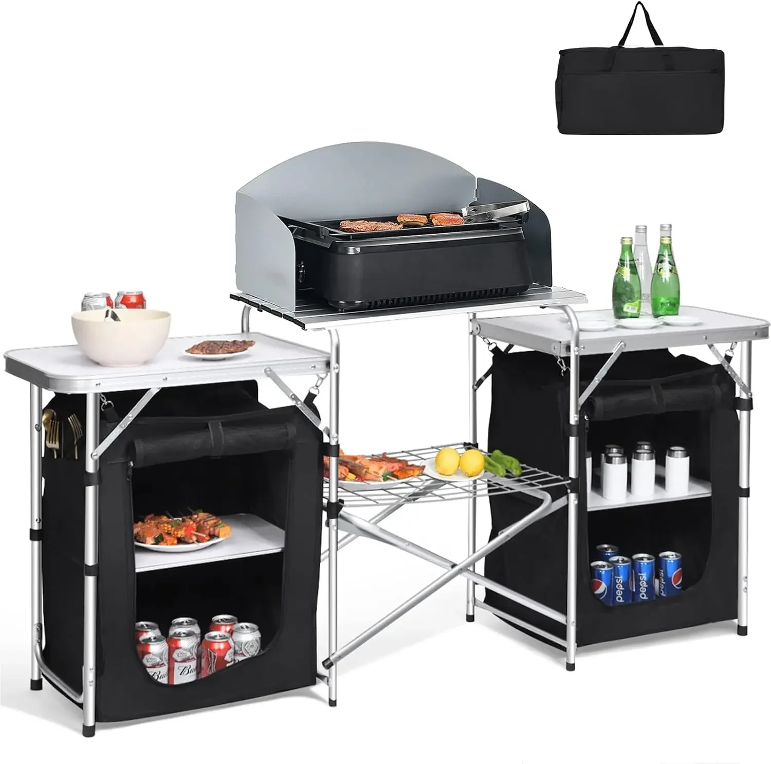 Camping Kitchen Station, Folding Grill Table with 26'' Tabletop, 2 Side Tables, Storage Organizer, Detachable Windscreen