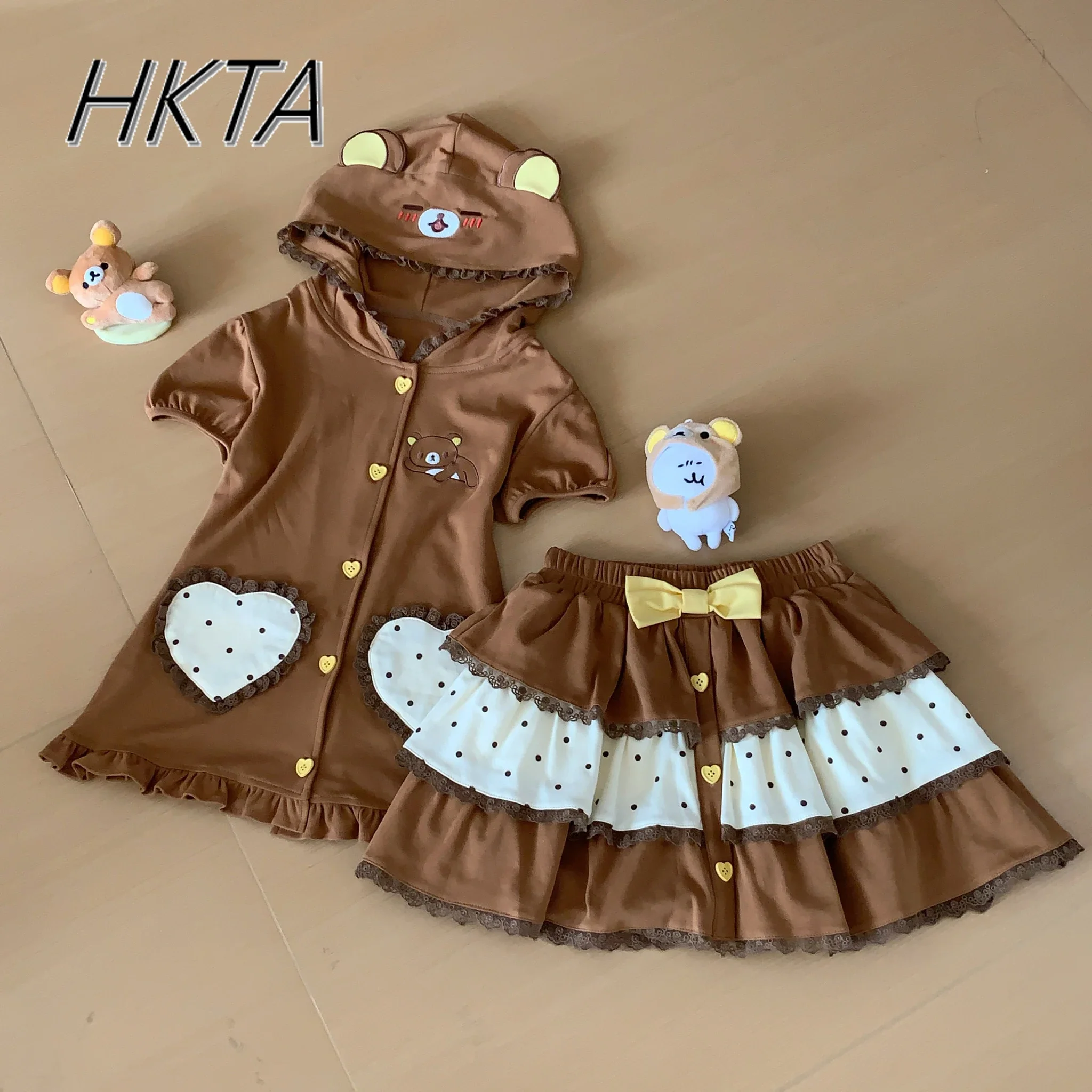 Japanese Style Cute Soft Cute Embroidered Polka Dot Lace Hooded Summer Bubble Short Sleeve Slim Brown Coat Cake Mini Skirts Sets