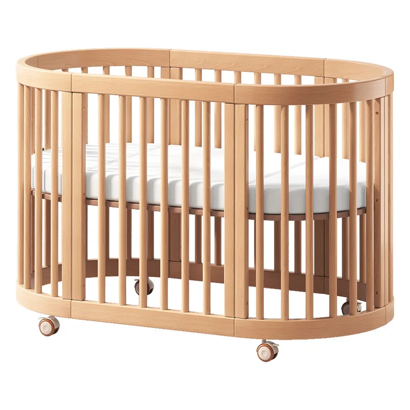 Beech Baby Crib European Round Movable Multifunctional Newborn Splicing Bed Round Bed Crib for Nursery