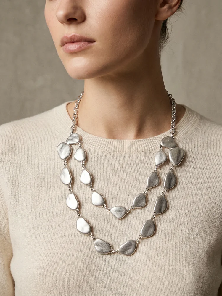 Women Double Layer Irregular Pebble Statement Necklace, Antique Silver Matte Stone Shape Beaded Chain Jewelry