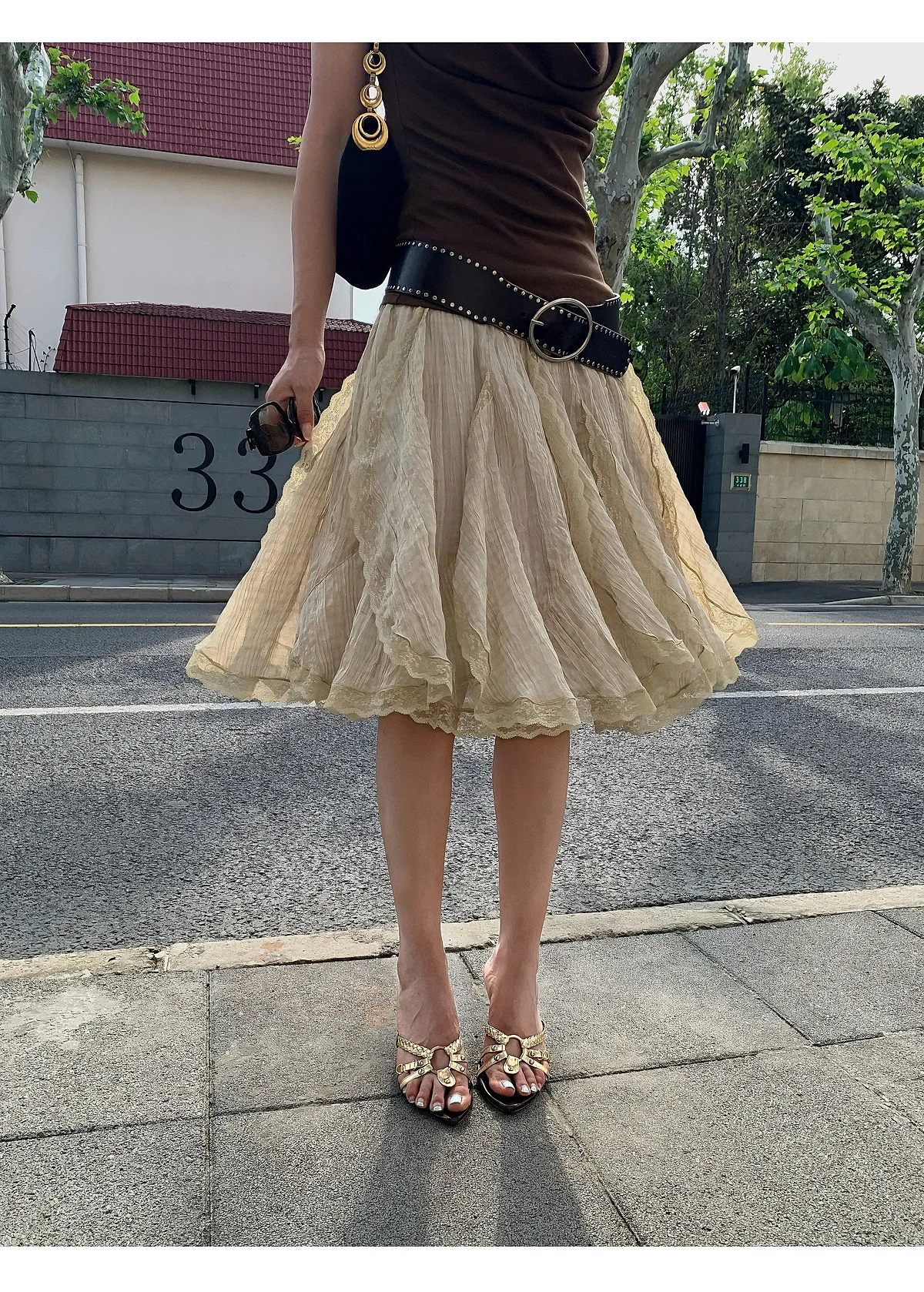【MAR】Vintage Plaid Lace Hem Skirt Women Irregular Cut Mid Length Elegant Summer A Line Skirt