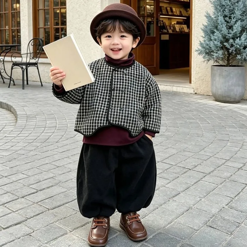 Children's Coat Autumn New Boys and Girls Checkered Cardigan Top Baby Korean Western Style Casual Trendy