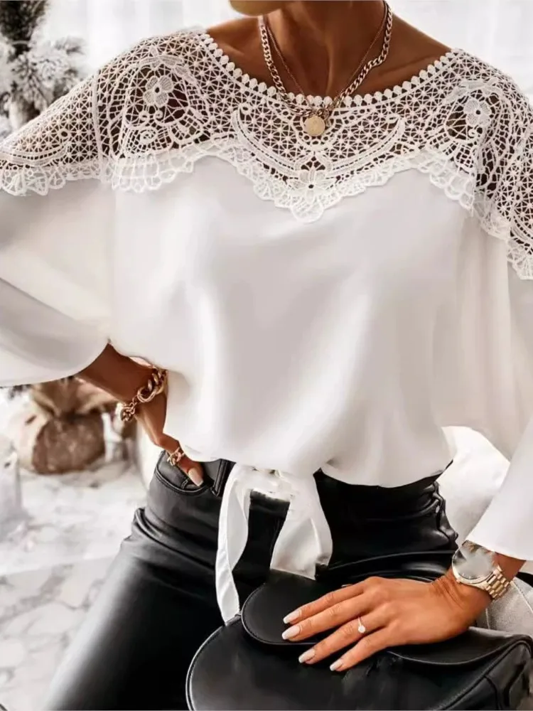 

White Lace Shirt For Women Casual O Neck Long Pullover Loose Shirts Tops Lady Fashion Hook Flower Hollow Womens Clothing Spring