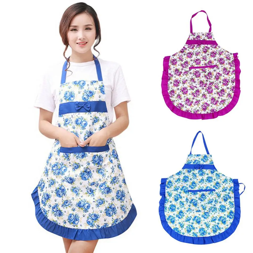 Floral Print Bowknot Women Bib Kitchen Apron Oil-Proof Cooking Apron Restaurant Cooking Dress Aprons Household Cleaning Apron