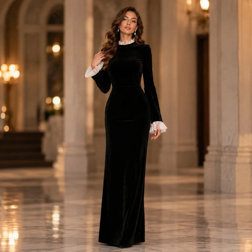 Pleated Long Sleeve Dress Maxi Length Elegant with Ruffle for Women Elegant Party Dresses in Autumn