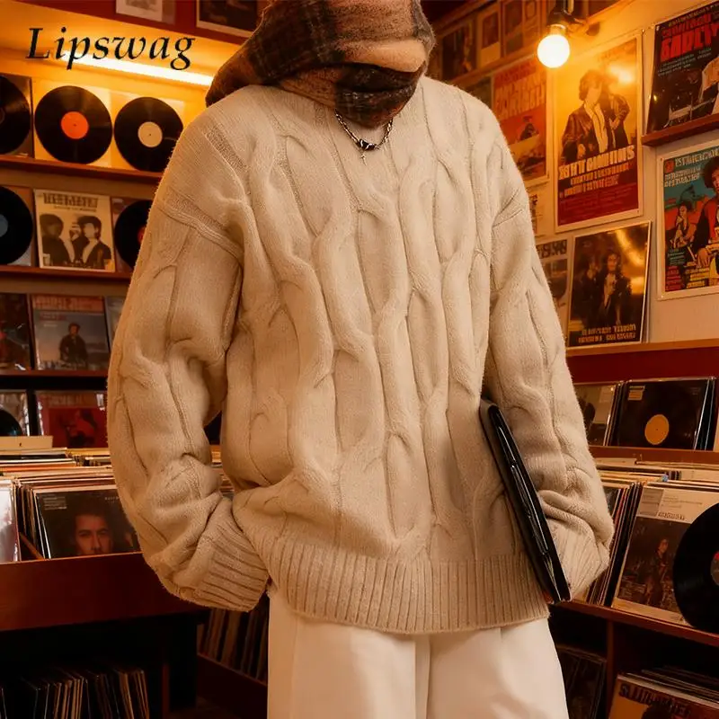 

Уличная одежда, мужские повседневные свитера, осень-зима, винтажный текстурированный вязаный пуловер с длинными рукавами и круглым вырезом, топы для мужских свитеров