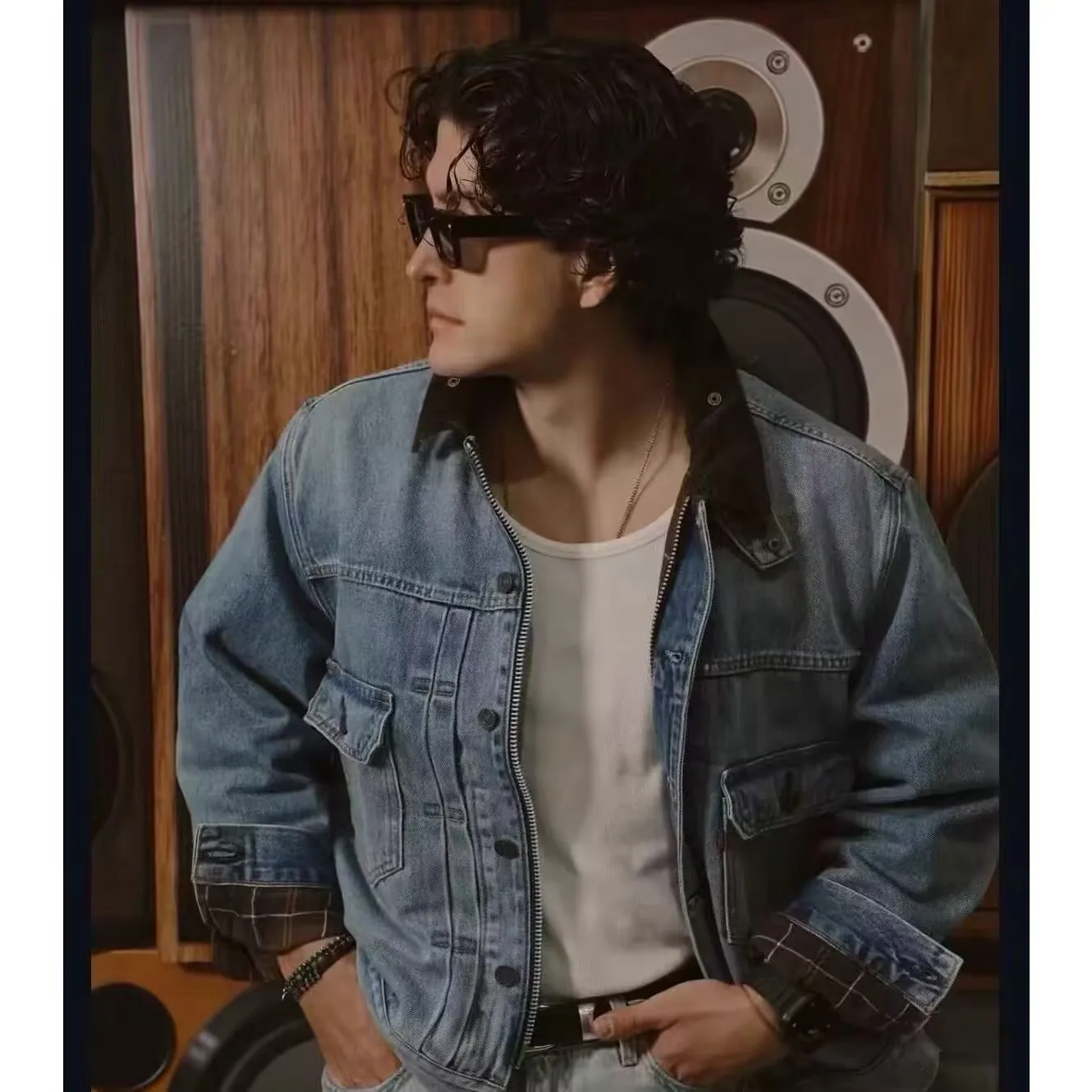 Retro British Style Washed out Checkered Multi-Pocket Corduroy Collar Collaboration Workwear Denim Jacket Outerwear for Men