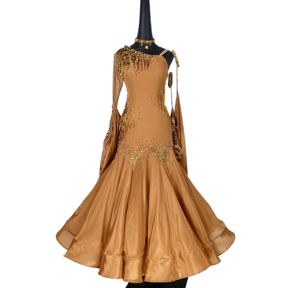 

PEIDANCE 2024 New Arrival Luxury Brown International Standard Ballroom Waltz Fox Trot Modern Dance Dress For Competetion 1198