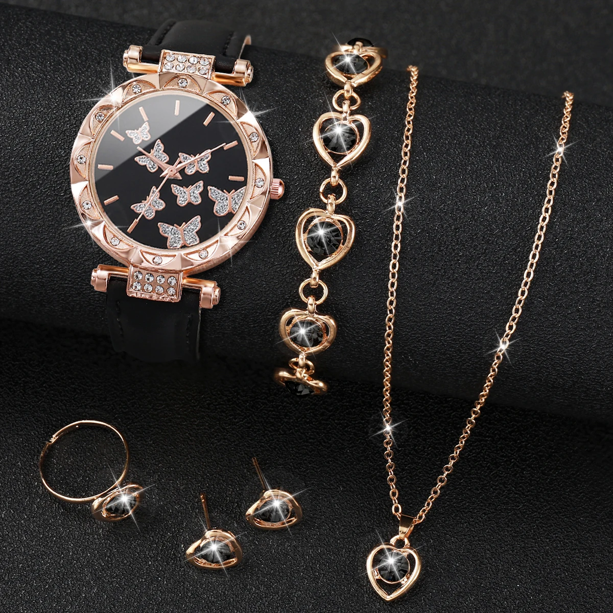 6PCS/Set Fashion Butterfly Dial Women\'s Quartz Watch Casual Leather Band Wristwatches Rhinestone Jewelry Set（Without Box）