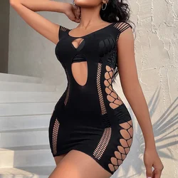 Sexy Women Bodycon Mini Dress Fishnet See Through  Nightwear Clubwear