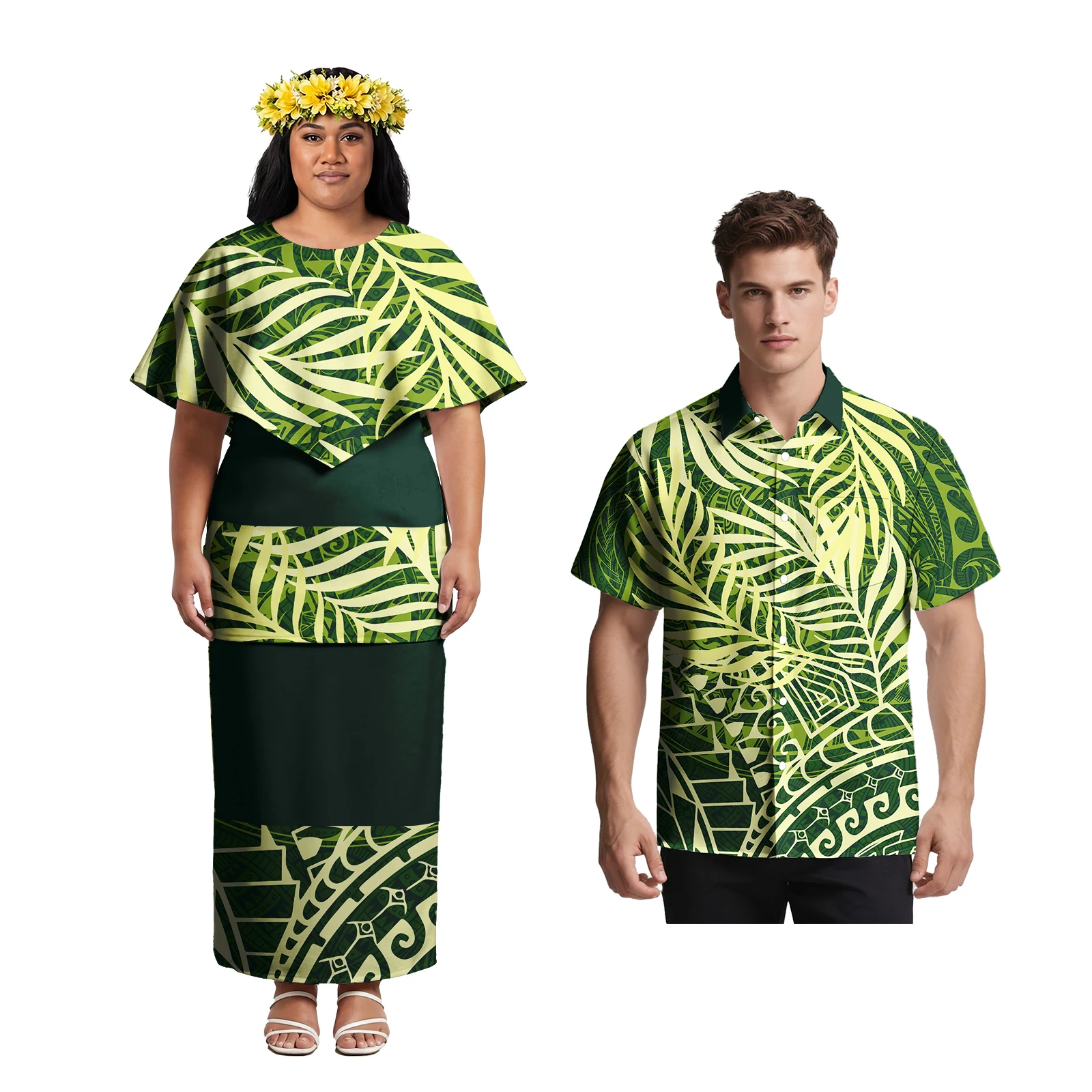 Camisas Polinesias con Bolsillos y Diseño de Volantes para Hombre, Traje Samoano Puletasi de 2 Piezas para Mujer, Estampado de Hojas de Monstera Hawaianas, Conjuntos a Juego para Parejas