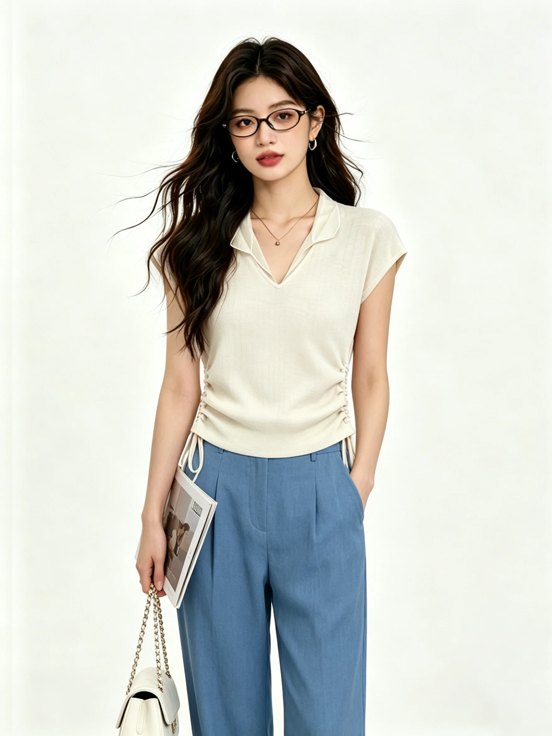 

Skin-friendly Breathable V-neck Short Sleeve Knitted Top Women Summer Apricot Gentle Wind Fake Two-pieced Slimming Personalit...
