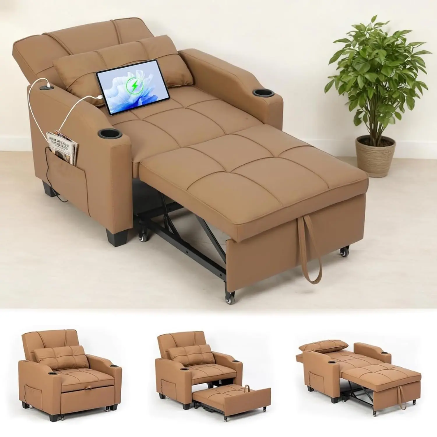 4 in 1 Convertible Sleeper Chair with Pull Out Bed, Massage Pillow, USB & Type-C Port, Cup Holders, Side Pocket, Customized